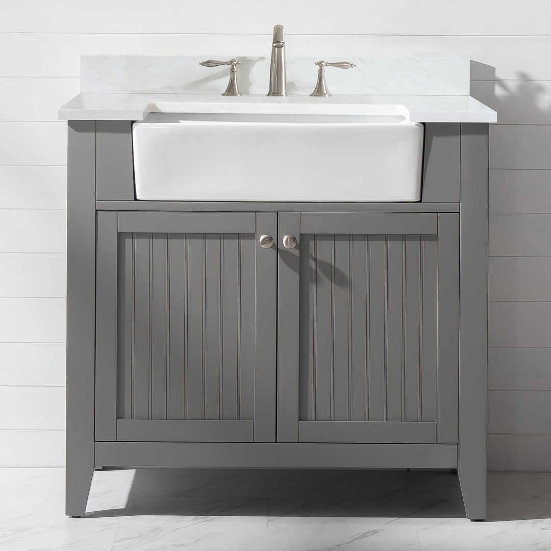 Burbank 36" Single Sink Vanity with Quartz Top - Design Element Bath Kitchen - Bathroom Vanity - Gray with Silver Satin Hardware