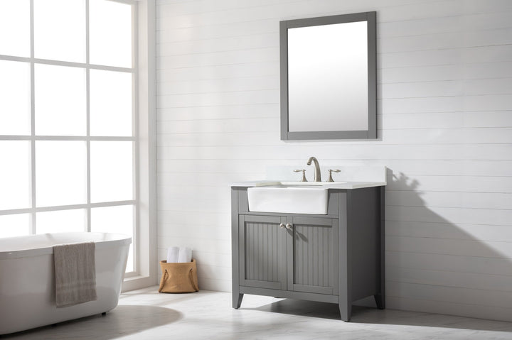 Burbank 36" Single Sink Vanity with Quartz Top - Design Element Bath Kitchen - Bathroom Vanity - Golden Oak with Matte Black Hardware