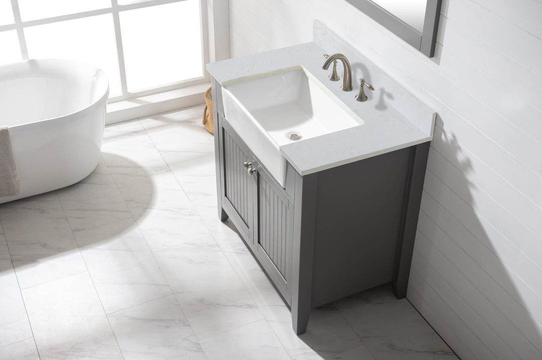 Burbank 36" Single Sink Vanity with Quartz Top - Design Element Bath Kitchen - Bathroom Vanity - Golden Oak with Matte Black Hardware