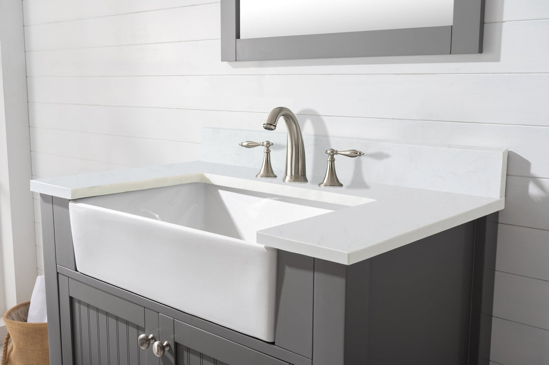 Burbank 36" Single Sink Vanity with Quartz Top - Design Element Bath Kitchen - Bathroom Vanity - Golden Oak with Matte Black Hardware