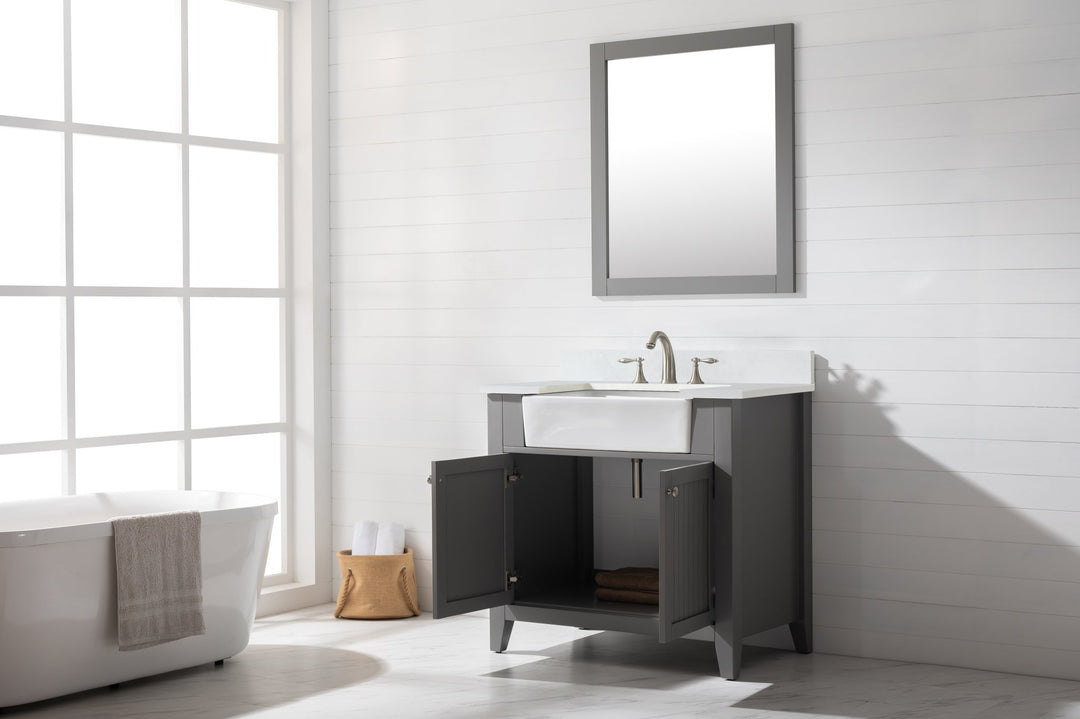 Burbank 36" Single Sink Vanity with Quartz Top - Design Element Bath Kitchen - Bathroom Vanity - Golden Oak with Matte Black Hardware