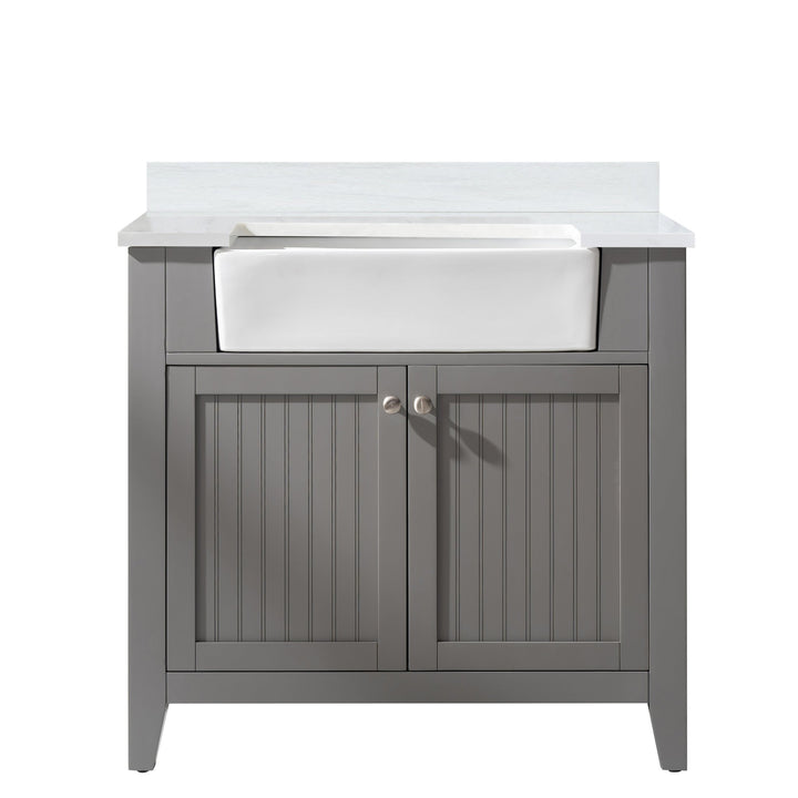 Burbank 36" Single Sink Vanity with Quartz Top - Design Element Bath Kitchen - Bathroom Vanity - Golden Oak with Matte Black Hardware