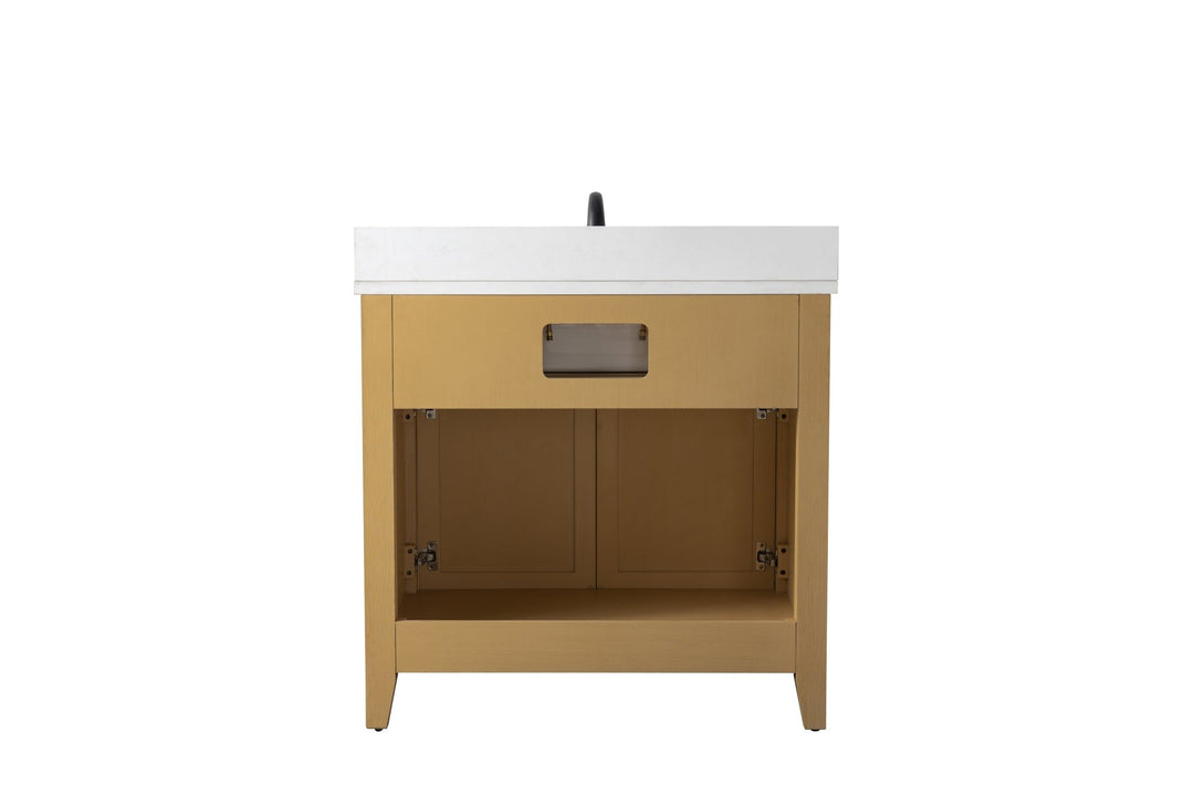 Burbank 36" Single Sink Vanity with Quartz Top - Design Element Bath Kitchen - Bathroom Vanity - Golden Oak with Matte Black Hardware