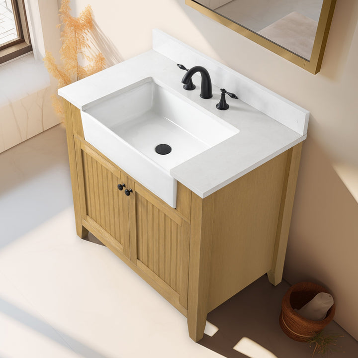 Burbank 36" Single Sink Vanity with Quartz Top - Design Element Bath Kitchen - Bathroom Vanity - Golden Oak with Matte Black Hardware