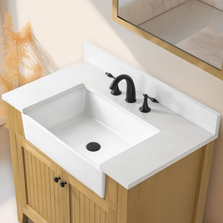 Burbank 36" Single Sink Vanity with Quartz Top - Design Element Bath Kitchen - Bathroom Vanity - Golden Oak with Matte Black Hardware
