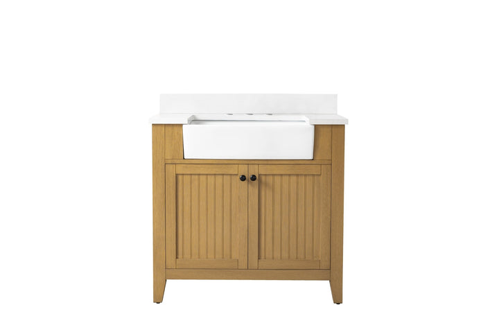 Burbank 36" Single Sink Vanity with Quartz Top - Design Element Bath Kitchen - Bathroom Vanity - Golden Oak with Matte Black Hardware