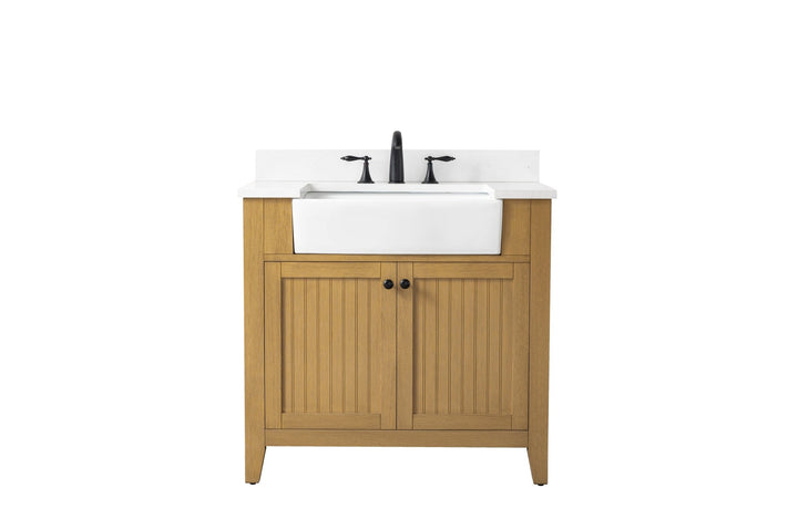Burbank 36" Single Sink Vanity with Quartz Top - Design Element Bath Kitchen - Bathroom Vanity - Golden Oak with Matte Black Hardware