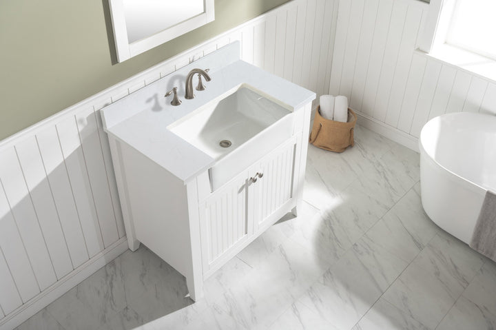 Burbank 36" Single Sink Vanity with Quartz Top - Design Element Bath Kitchen - Bathroom Vanity - Golden Oak with Matte Black Hardware