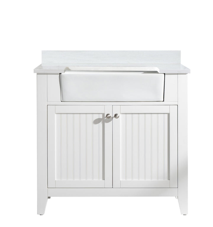 Burbank 36" Single Sink Vanity with Quartz Top - Design Element Bath Kitchen - Bathroom Vanity - Golden Oak with Matte Black Hardware