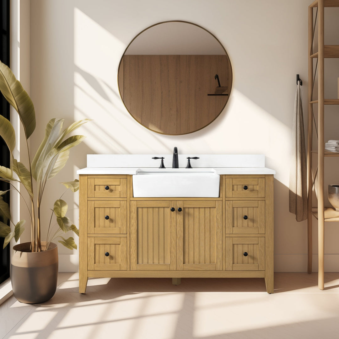Burbank 54" Single Sink Vanity with Quartz Top - Design Element Bath Kitchen - Bathroom Vanity - Golden Oak with Matte Black Hardware