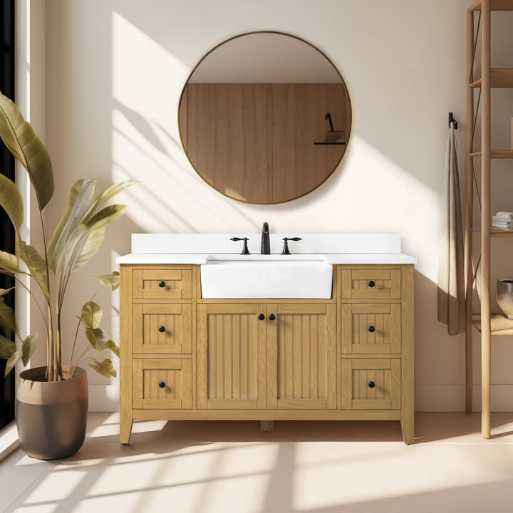 Burbank 54" Single Sink Vanity with Quartz Top - Design Element Bath Kitchen - Bathroom Vanity - Golden Oak with Matte Black Hardware