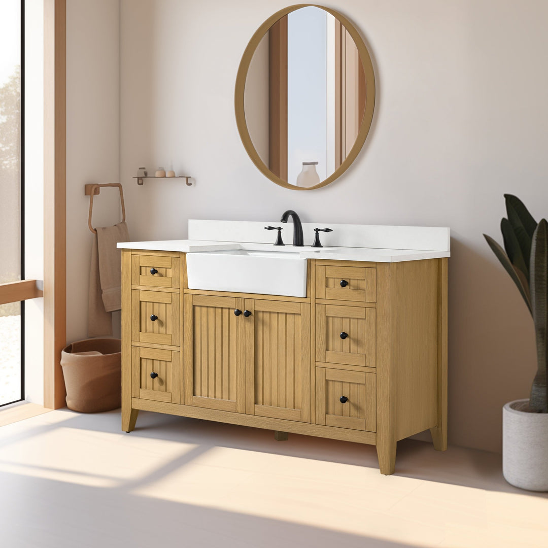 Burbank 54" Single Sink Vanity with Quartz Top - Design Element Bath Kitchen - Bathroom Vanity - Golden Oak with Matte Black Hardware