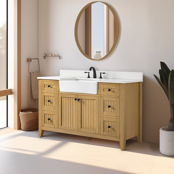 Burbank 54" Single Sink Vanity with Quartz Top - Design Element Bath Kitchen - Bathroom Vanity - Golden Oak with Matte Black Hardware