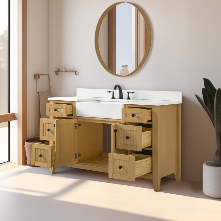 Burbank 54" Single Sink Vanity with Quartz Top - Design Element Bath Kitchen - Bathroom Vanity - Golden Oak with Matte Black Hardware