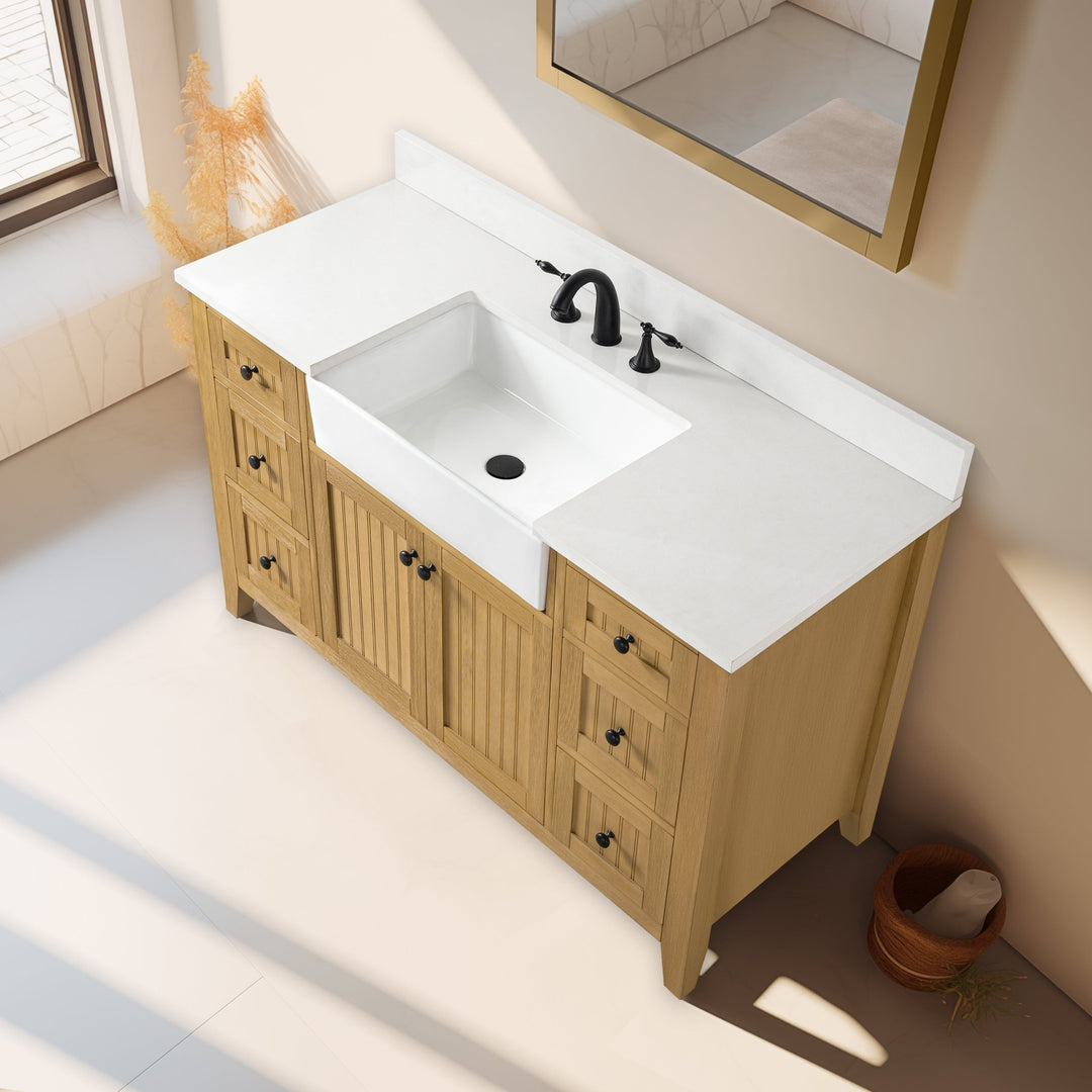 Burbank 54" Single Sink Vanity with Quartz Top - Design Element Bath Kitchen - Bathroom Vanity - Golden Oak with Matte Black Hardware