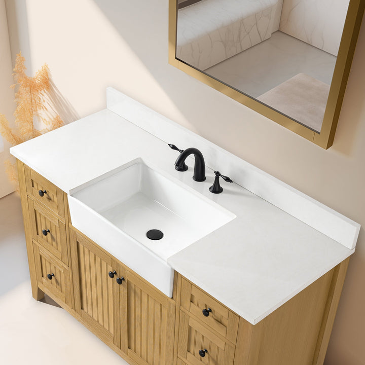 Burbank 54" Single Sink Vanity with Quartz Top - Design Element Bath Kitchen - Bathroom Vanity - Golden Oak with Matte Black Hardware