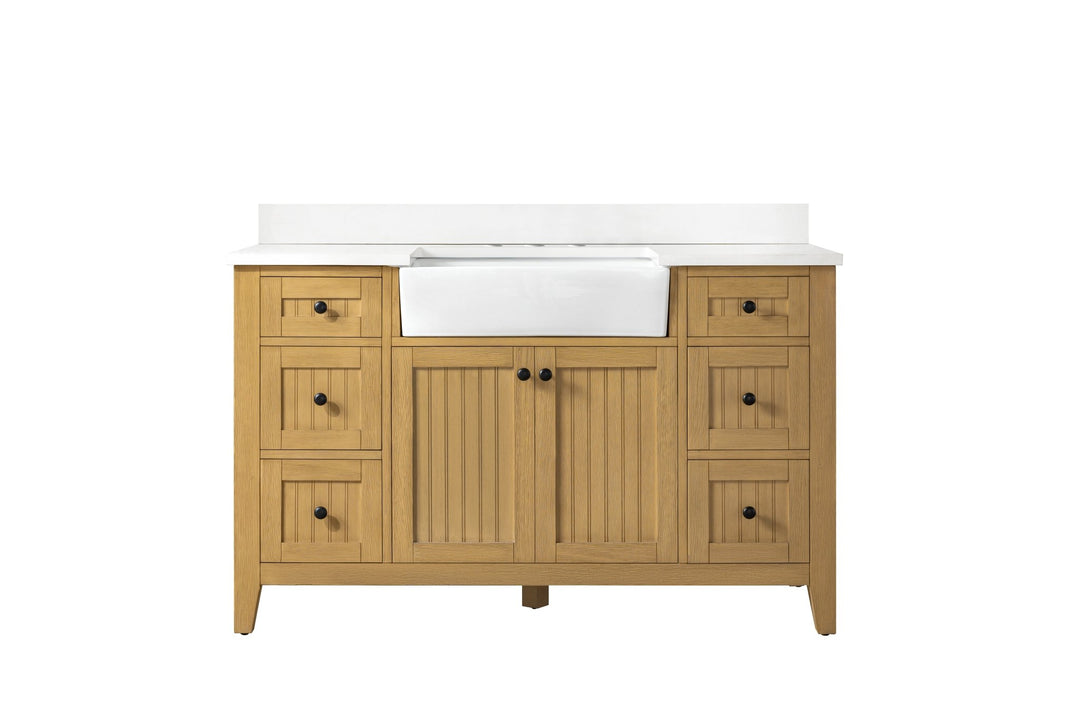 Burbank 54" Single Sink Vanity with Quartz Top - Design Element Bath Kitchen - Bathroom Vanity - Golden Oak with Matte Black Hardware