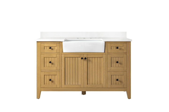 Burbank 54" Single Sink Vanity with Quartz Top - Design Element Bath Kitchen - Bathroom Vanity - Golden Oak with Matte Black Hardware