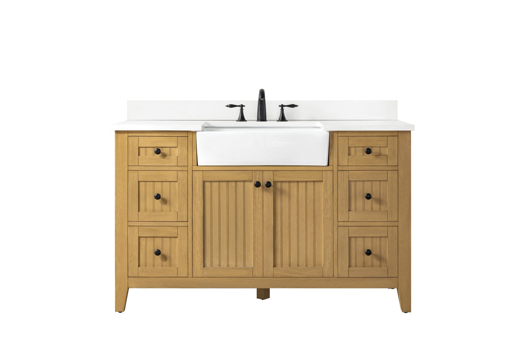 Burbank 54" Single Sink Vanity with Quartz Top - Design Element Bath Kitchen - Bathroom Vanity - Golden Oak with Matte Black Hardware