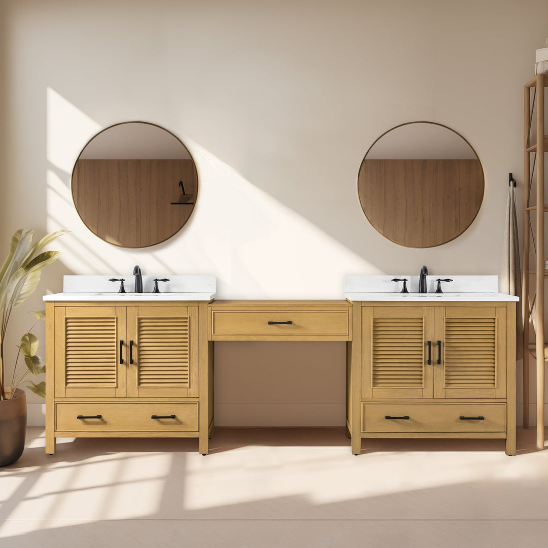 Estate 102" Double Sink Bathroom Vanity Modular Set with White Quartz Top - Design Element Bath Kitchen - Bathroom Vanity - Golden Oak with Matte Black Hardware