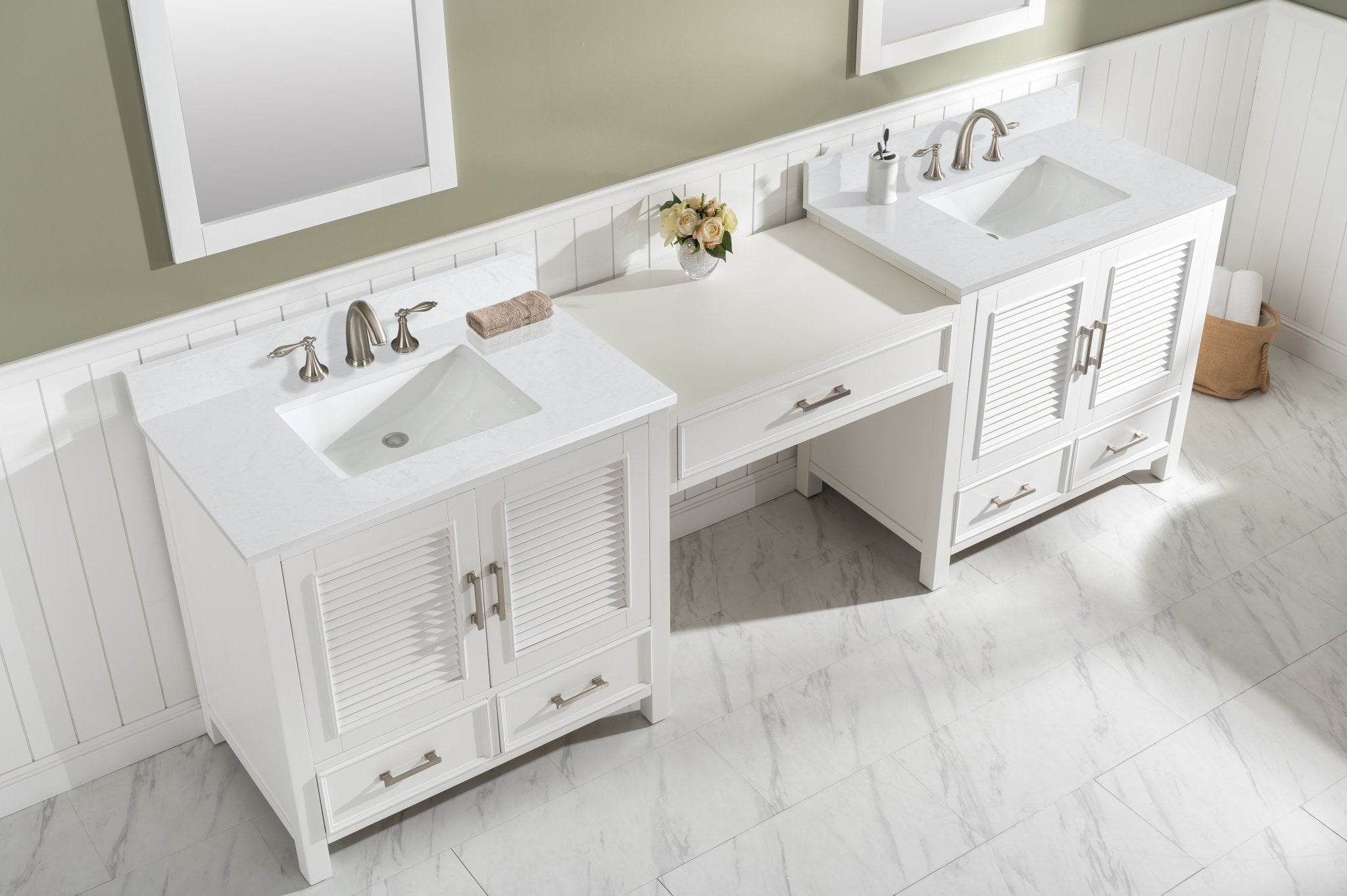Estate 102" Double Sink Bathroom Vanity Modular Set with White Quartz Top - Design Element Bath Kitchen - Bathroom Vanity - White with Silver Satin Hardware