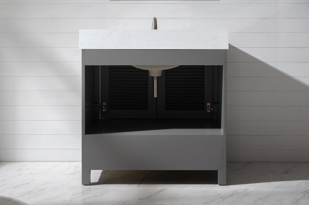 Estate 36" Single Vanity with White Quartz Top - Design Element Bath Kitchen - Bathroom Vanity - Golden Oak with Matte Black Hardware