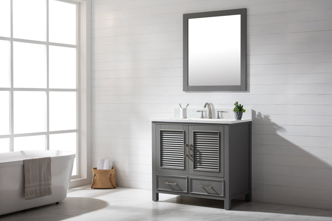 Estate 36" Single Vanity with White Quartz Top - Design Element Bath Kitchen - Bathroom Vanity - Golden Oak with Matte Black Hardware