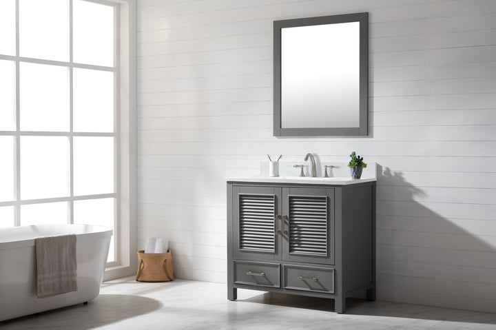 Estate 36" Single Vanity with White Quartz Top - Design Element Bath Kitchen - Bathroom Vanity - Golden Oak with Matte Black Hardware