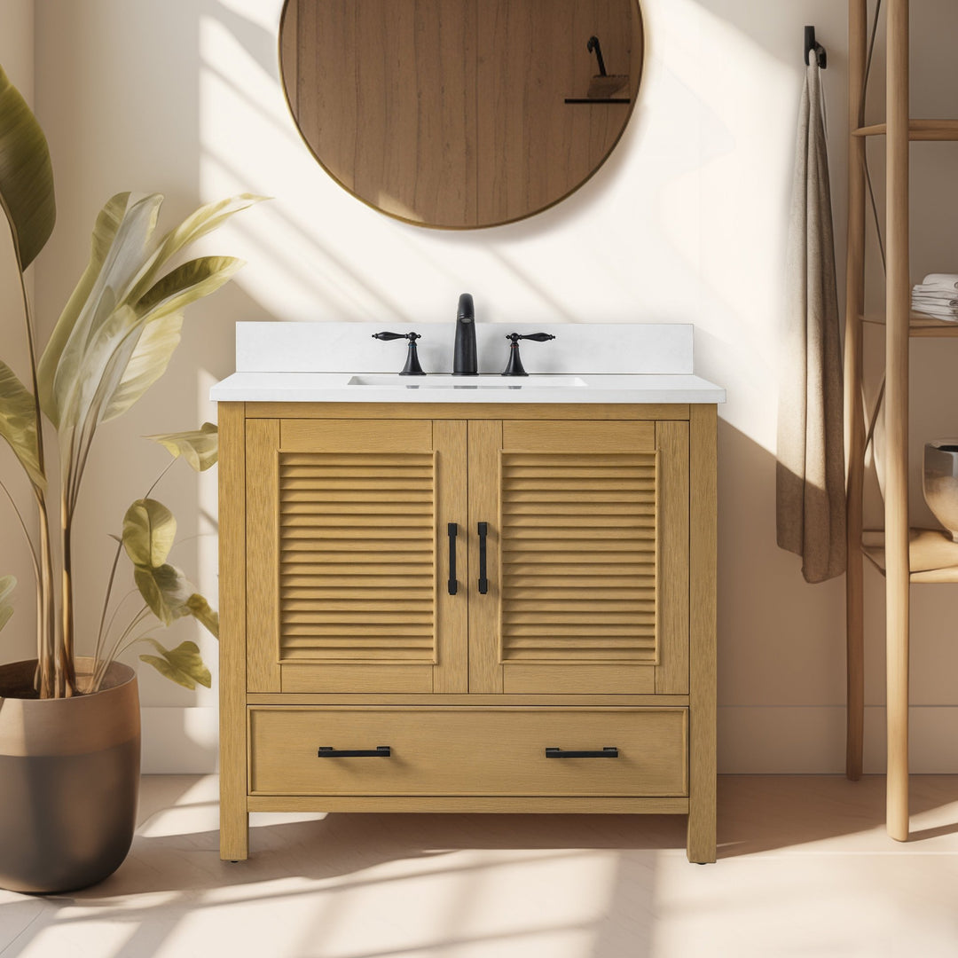 Estate 36" Single Vanity with White Quartz Top - Design Element Bath Kitchen - Bathroom Vanity - Golden Oak with Matte Black Hardware