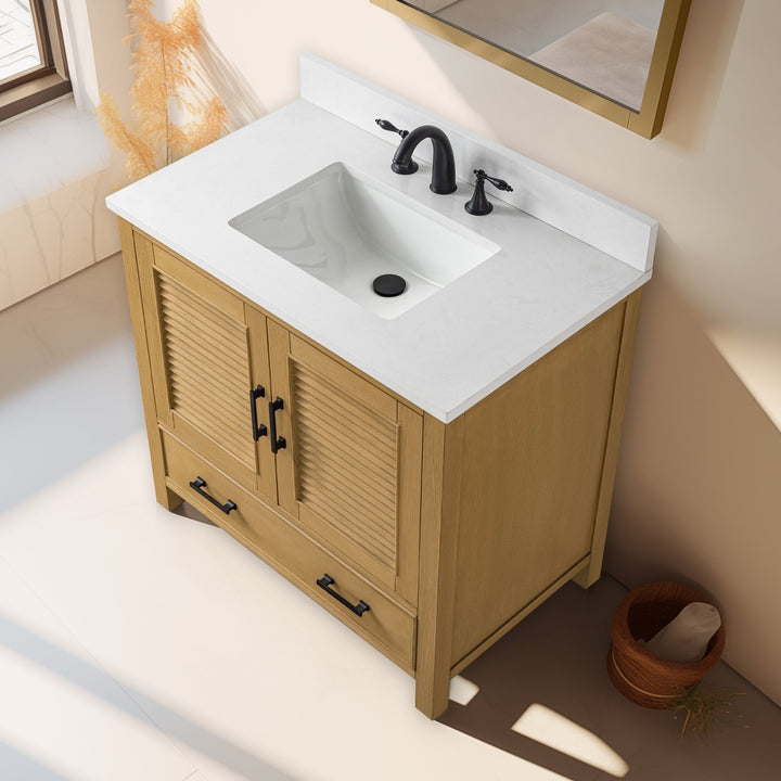 Estate 36" Single Vanity with White Quartz Top - Design Element Bath Kitchen - Bathroom Vanity - Golden Oak with Matte Black Hardware
