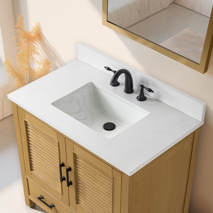 Estate 36" Single Vanity with White Quartz Top - Design Element Bath Kitchen - Bathroom Vanity - Golden Oak with Matte Black Hardware