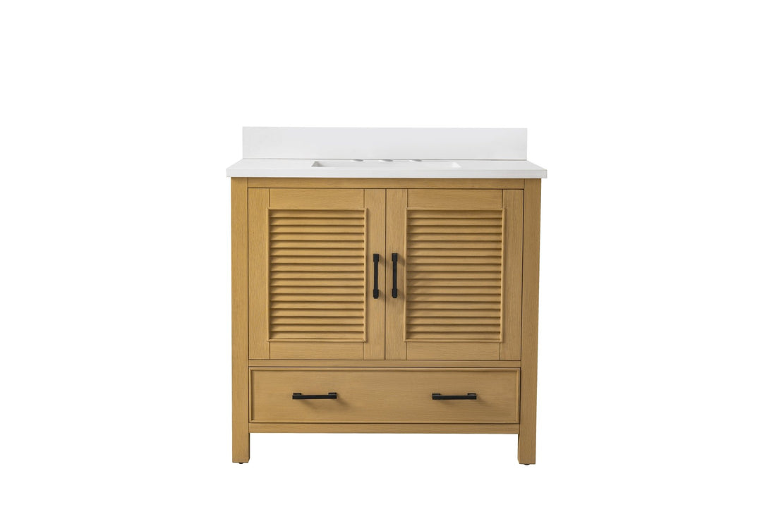 Estate 36" Single Vanity with White Quartz Top - Design Element Bath Kitchen - Bathroom Vanity - Golden Oak with Matte Black Hardware