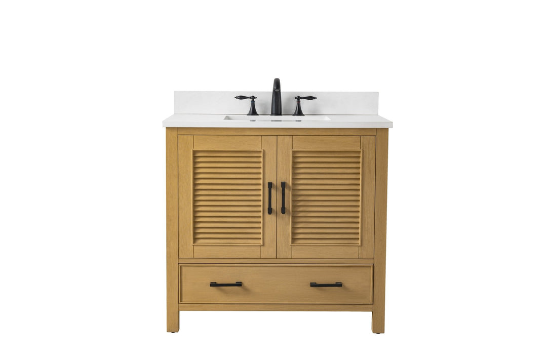 Estate 36" Single Vanity with White Quartz Top - Design Element Bath Kitchen - Bathroom Vanity - Golden Oak with Matte Black Hardware
