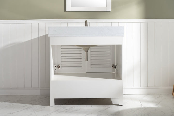 Estate 36" Single Vanity with White Quartz Top - Design Element Bath Kitchen - Bathroom Vanity - Golden Oak with Matte Black Hardware