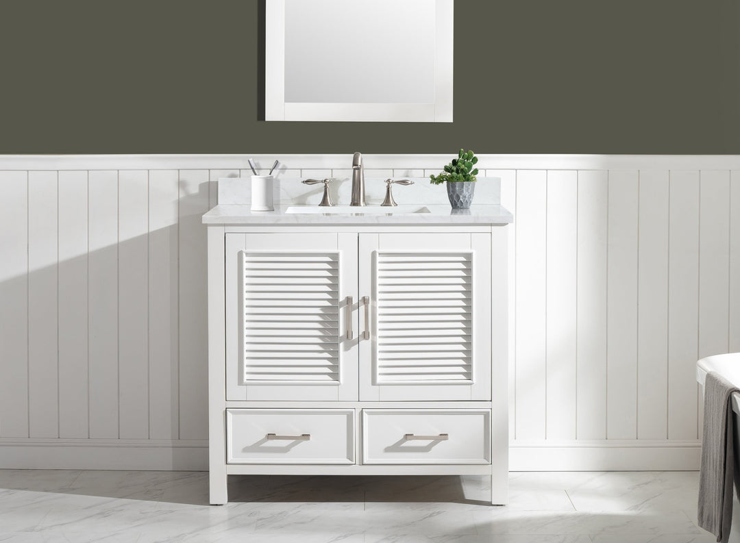 Estate 36" Single Vanity with White Quartz Top - Design Element Bath Kitchen - Bathroom Vanity - White with Silver Satin Hardware