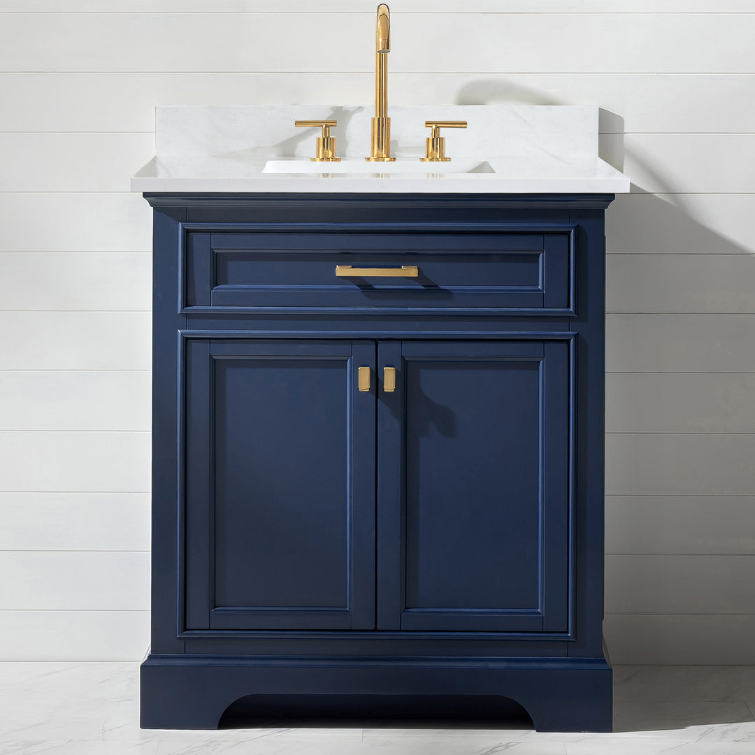 Milano 30" Single Sink Vanity with White Quartz Top - Design Element Bath Kitchen - Bathroom Vanity - Navy with Satin Gold Hardware