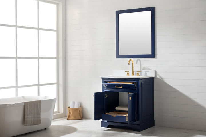 Milano 30" Single Sink Vanity with White Quartz Top - Design Element Bath Kitchen - Bathroom Vanity - Navy with Satin Gold Hardware