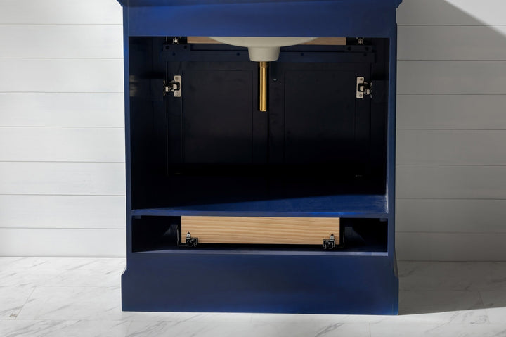 Milano 30" Single Sink Vanity with White Quartz Top - Design Element Bath Kitchen - Bathroom Vanity - Navy with Satin Gold Hardware