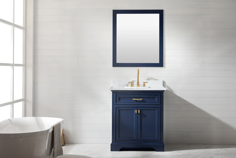 Milano 30" Single Sink Vanity with White Quartz Top - Design Element Bath Kitchen - Bathroom Vanity - Navy with Satin Gold Hardware