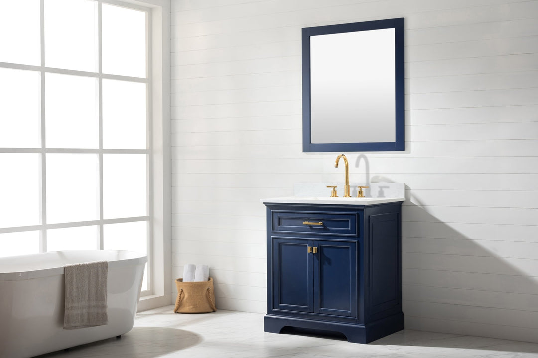 Milano 30" Single Sink Vanity with White Quartz Top - Design Element Bath Kitchen - Bathroom Vanity - Navy with Satin Gold Hardware