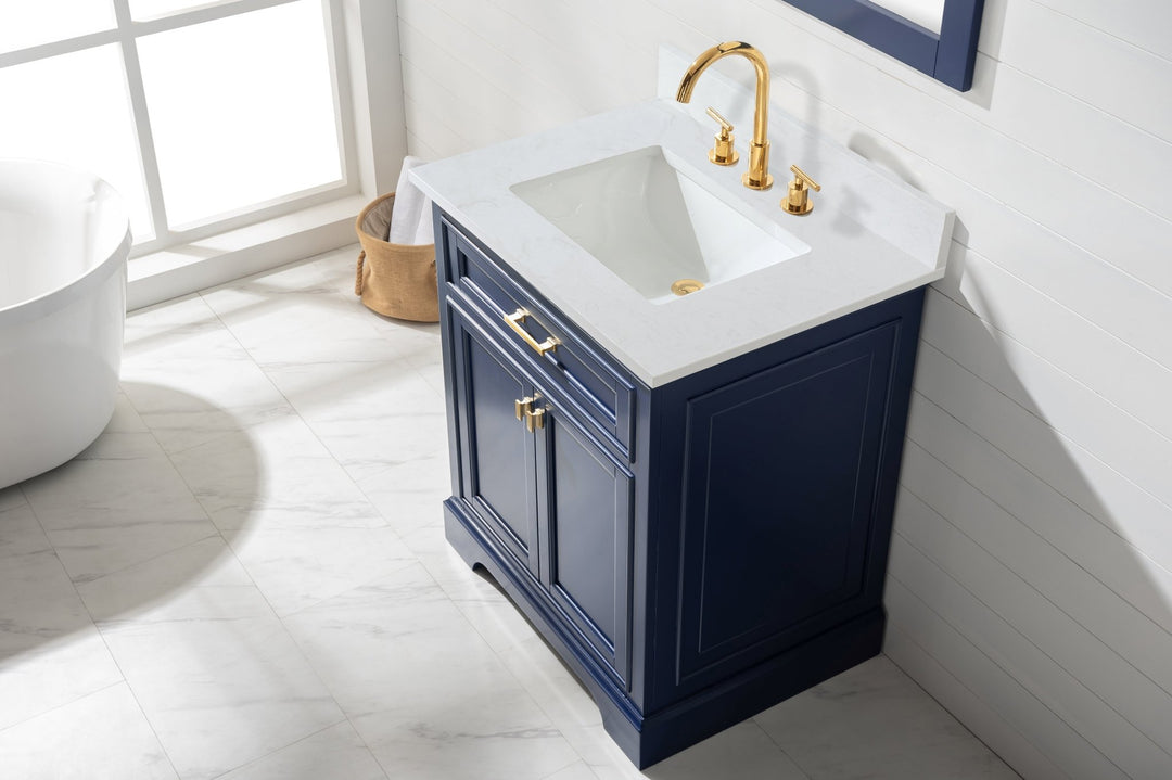 Milano 30" Single Sink Vanity with White Quartz Top - Design Element Bath Kitchen - Bathroom Vanity - Navy with Satin Gold Hardware