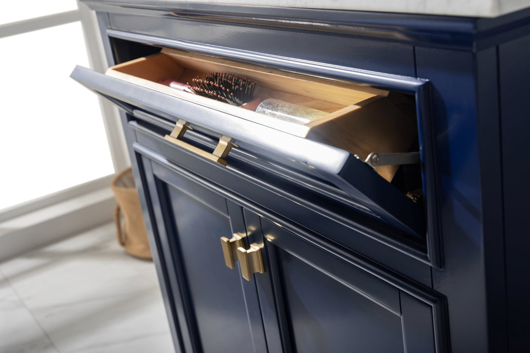 Milano 30" Single Sink Vanity with White Quartz Top - Design Element Bath Kitchen - Bathroom Vanity - Navy with Satin Gold Hardware