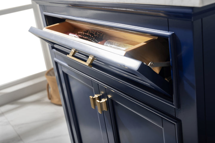 Milano 30" Single Sink Vanity with White Quartz Top - Design Element Bath Kitchen - Bathroom Vanity - Navy with Satin Gold Hardware