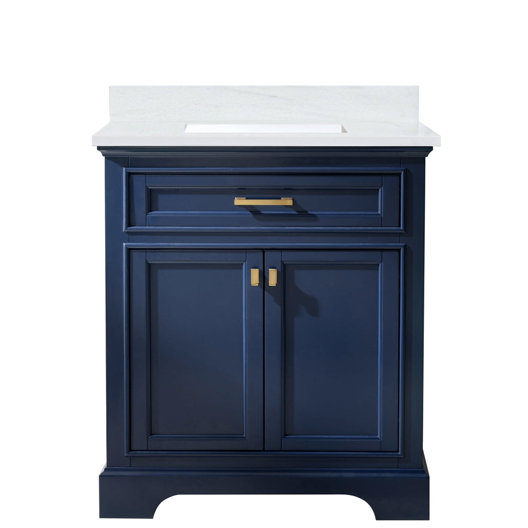 Milano 30" Single Sink Vanity with White Quartz Top - Design Element Bath Kitchen - Bathroom Vanity - Navy with Satin Gold Hardware