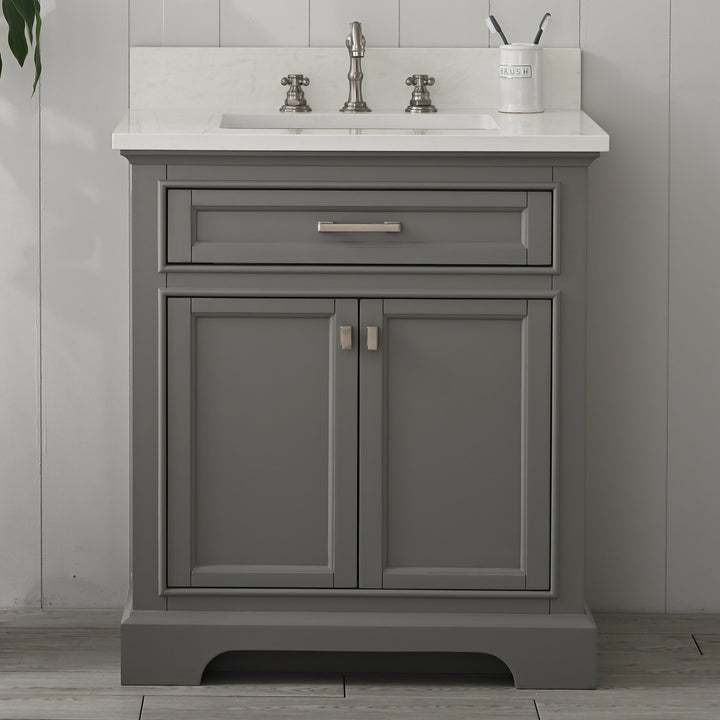 Milano 30" Single Sink Vanity with White Quartz Top - Design Element Bath Kitchen - Bathroom Vanity - Navy with Satin Gold Hardware