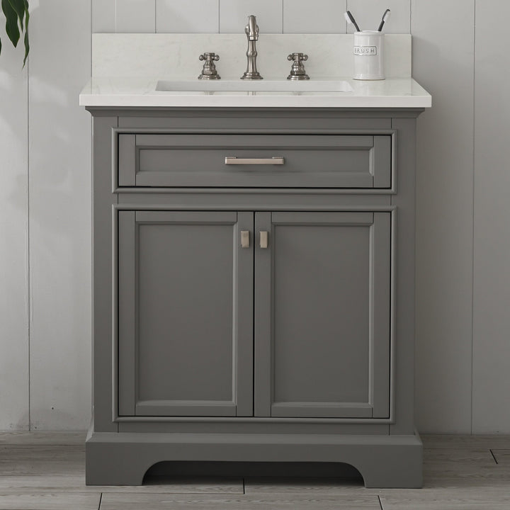 Milano 30" Single Sink Vanity with White Quartz Top - Design Element Bath Kitchen - Bathroom Vanity - Gray with Silver Satin Hardware