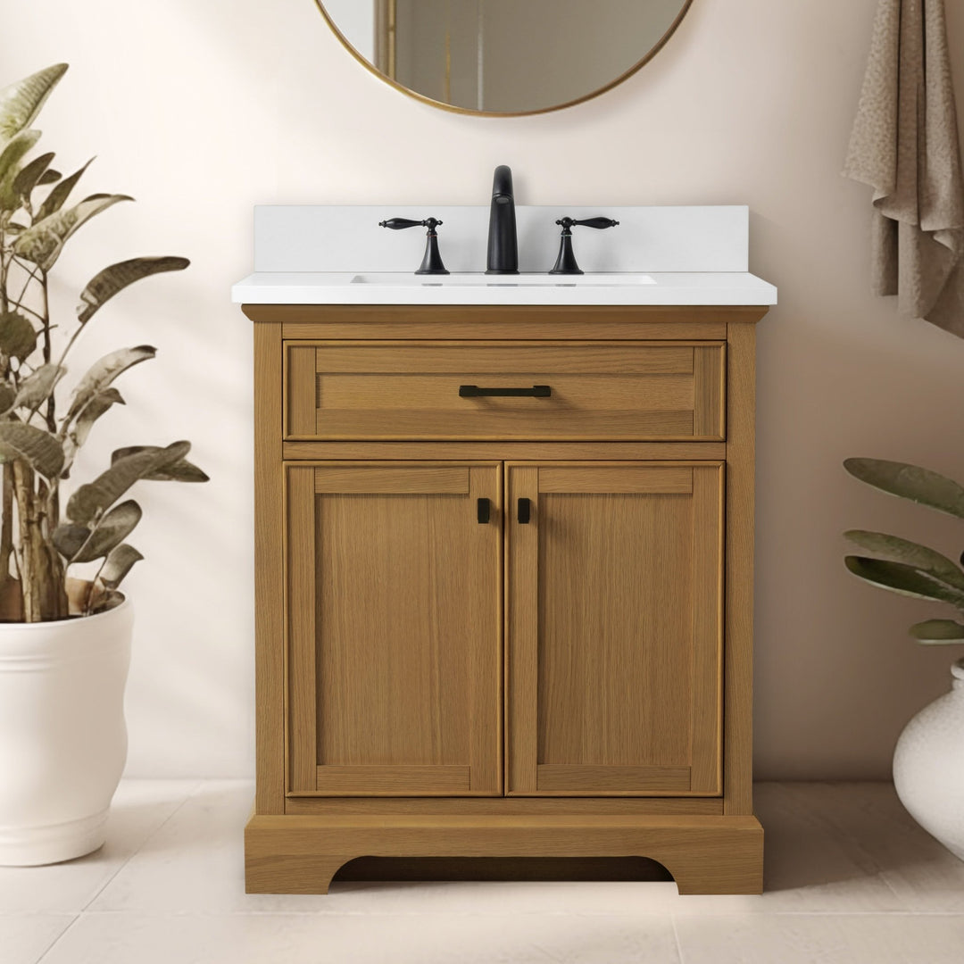 Milano 30" Single Sink Vanity with White Quartz Top - Design Element Bath Kitchen - Bathroom Vanity - Heritage Oak with Matte Black Hardware