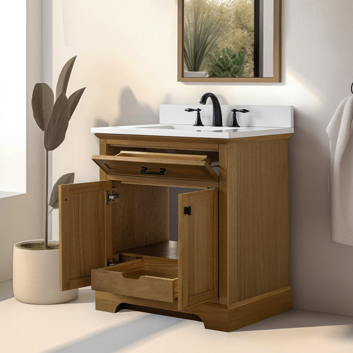 Milano 30" Single Sink Vanity with White Quartz Top - Design Element Bath Kitchen - Bathroom Vanity - White with Silver Satin Hardware