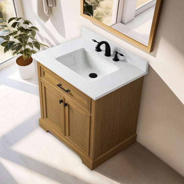 Milano 30" Single Sink Vanity with White Quartz Top - Design Element Bath Kitchen - Bathroom Vanity - White with Silver Satin Hardware