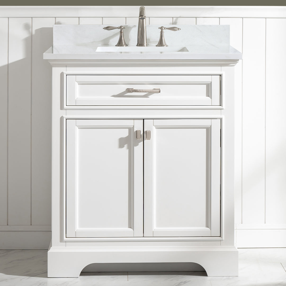 Milano 30" Single Sink Vanity with White Quartz Top - Design Element Bath Kitchen - Bathroom Vanity - White with Silver Satin Hardware